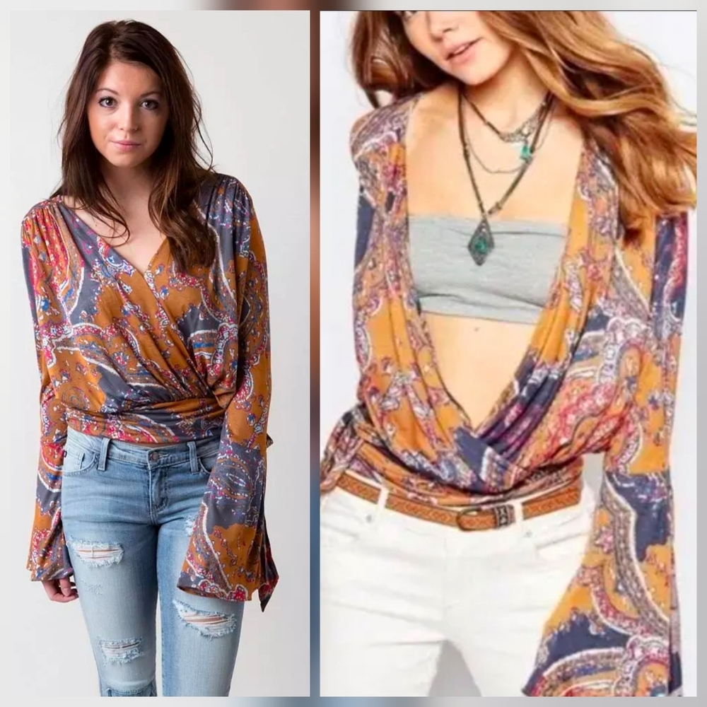 ❤️ FREE PEOPLE FIONA BELL SLEEVE SURPLICE TOP, MEDIUM